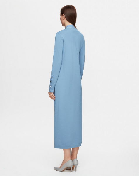 Dik Yaka Düğme Detaylı Mavi Elbise - 3