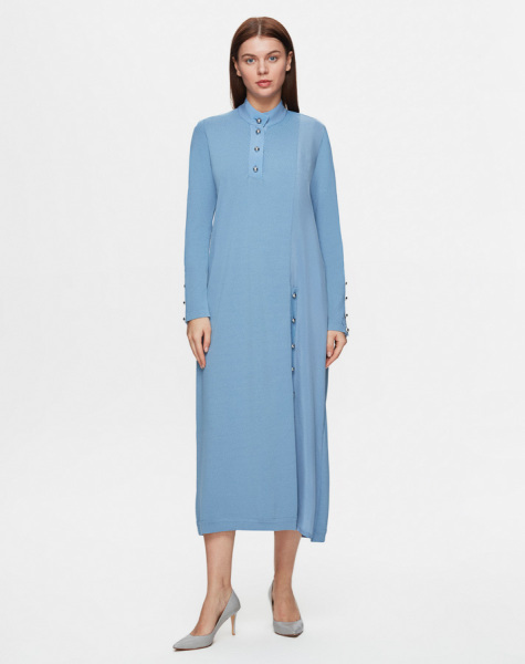 T25Y-4023 Dik Yaka Düğme Detaylı Elbise 1186-BLUE - 1