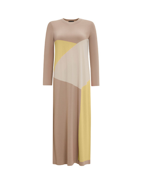 Renkli Geometrik Desenli Triko Taş Rengi Elbise 