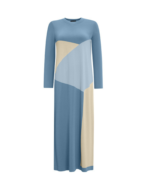 Renkli Geometrik Desenli Triko Mavi Elbise 