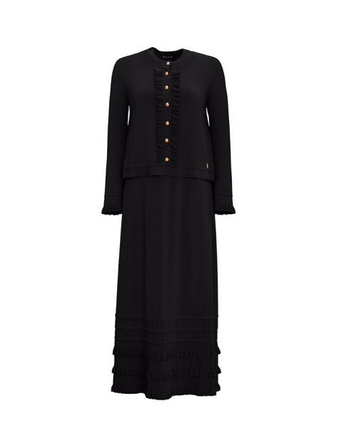 Etek Ucu Fırfırlı Kolsuz Triko Siyah Elbise 