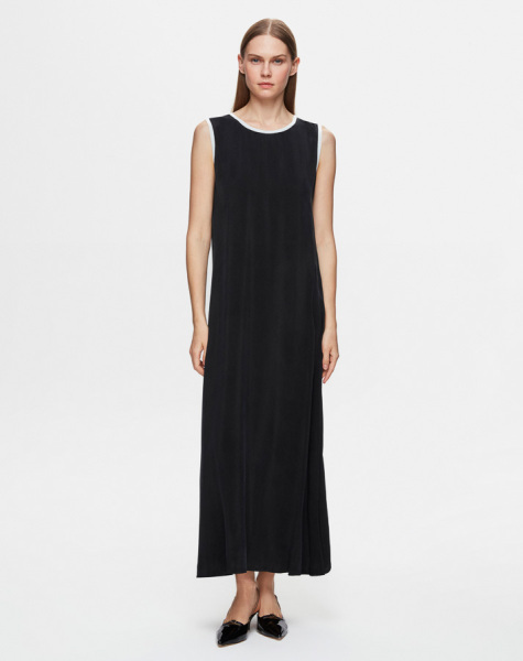 T25Y-4028 Yakası ve Kol Evi Triko Kolsuz Cupro Elbise BLACK - 2