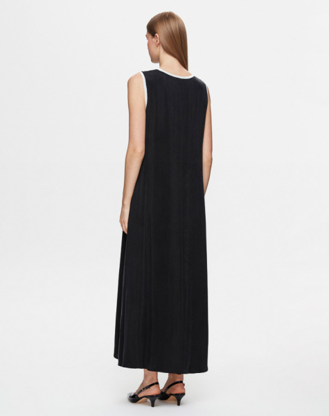 T25Y-4028 Yakası ve Kol Evi Triko Kolsuz Cupro Elbise BLACK - 3