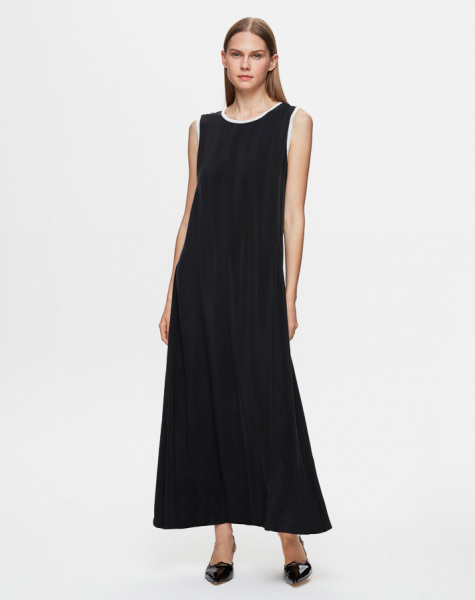 T25Y-4028 Yakası ve Kol Evi Triko Kolsuz Cupro Elbise BLACK 