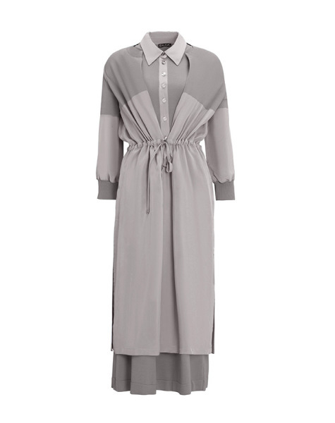 T25Y-4029 Gömlek Yaka Düğmeli Kolsuz Elbise 1179-GREY - 1