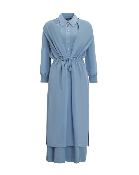 T25Y-4029 Gömlek Yaka Düğmeli Kolsuz Elbise 1186-BLUE - 1