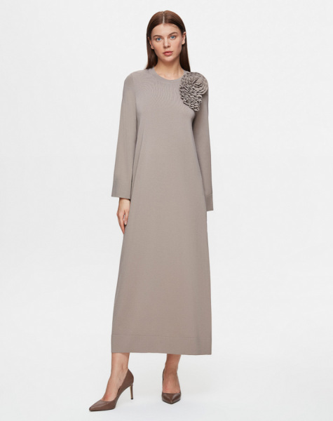 Düz Renk Basic Triko Vizon Elbise - 3