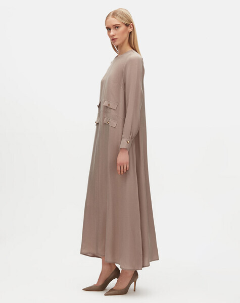 T25Y-4035 Cep Kapaklı Cupro Elbise GREY - 4