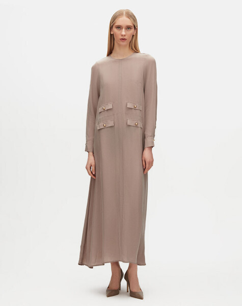 Cep Kapaklı Cupro Gri Elbise - 2