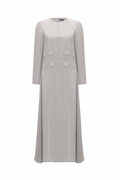 Cep Kapaklı Cupro Gri Elbise - 8