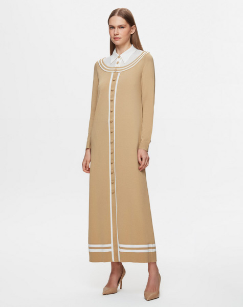 T25Y-4038 Poplin Gömlek Yaka Detaylı Triko Elbise 1241-CAMEL - 2