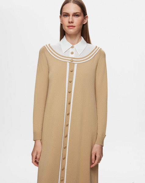 T25Y-4038 Poplin Gömlek Yaka Detaylı Triko Elbise 1241-CAMEL - 3