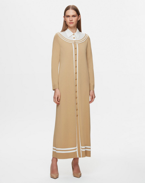 T25Y-4038 Poplin Gömlek Yaka Detaylı Triko Elbise 1241-CAMEL - 1