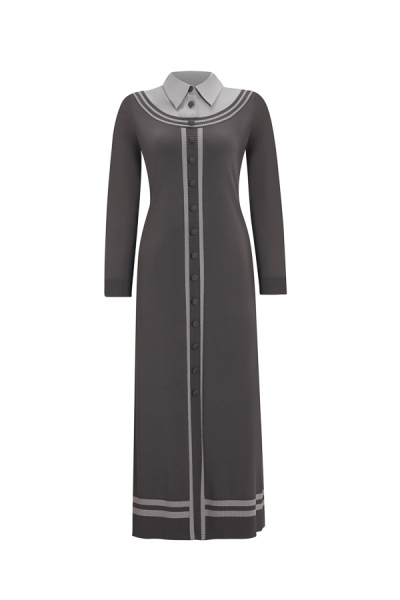 T25Y-4038 Poplin Gömlek Yaka Detaylı Triko Elbise 1318-ANTHRACITE - 1