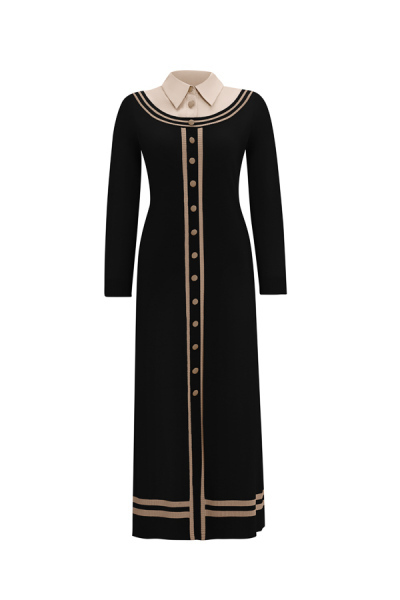 T25Y-4038 Poplin Gömlek Yaka Detaylı Triko Elbise BLACK / 1147-STONE - 1