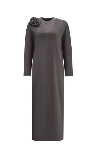 T25Y-4041 Çiçek Broşlu Triko Elbise ANTHRACITE - 4