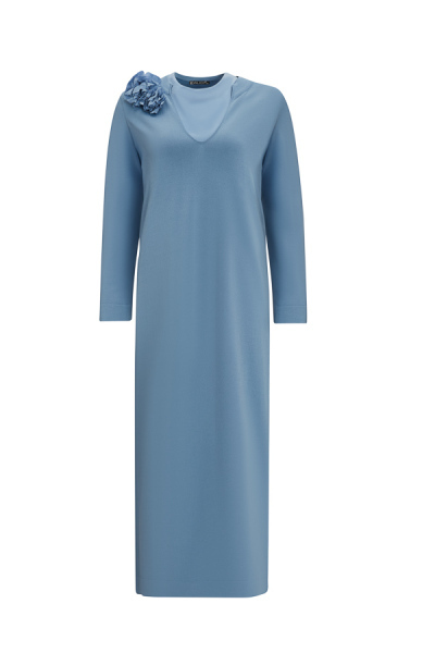 T25Y-4041 Çiçek Broşlu Triko Elbise BLUE 