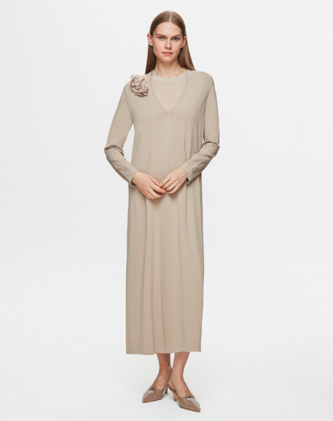 Çiçek Broşlu Triko Taş Rengi Elbise - 2