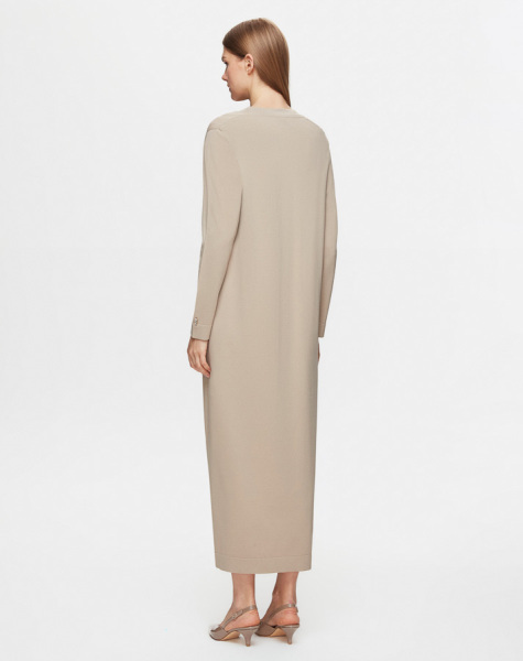 Çiçek Broşlu Triko Taş Rengi Elbise - 3