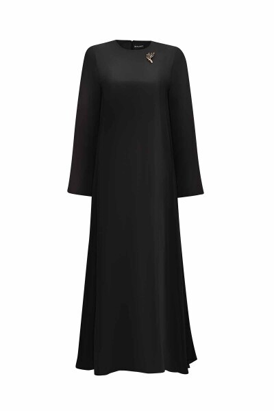 Broş Detaylı A Kesim Cupro Siyah Elbise - 1