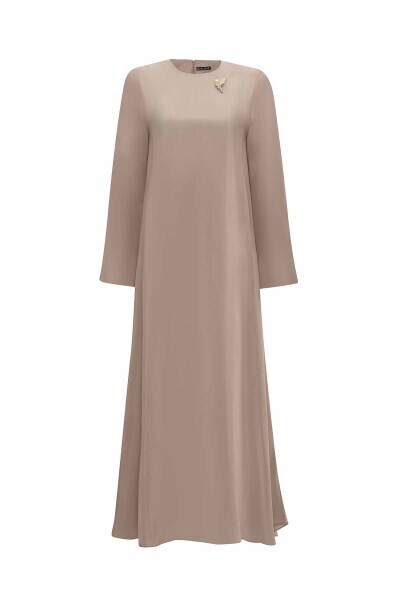 Broş Detaylı A Kesim Cupro Vizon Elbise - 1