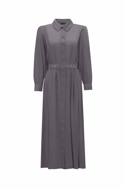 T25Y-4044 Kemerli Cupro Gömlek Yaka Elbise ANTHRACITE - 1