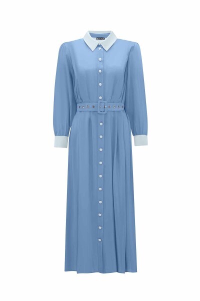 T25Y-4044 Kemerli Cupro Gömlek Yaka Elbise BLUE - MISS DALIDA (1)