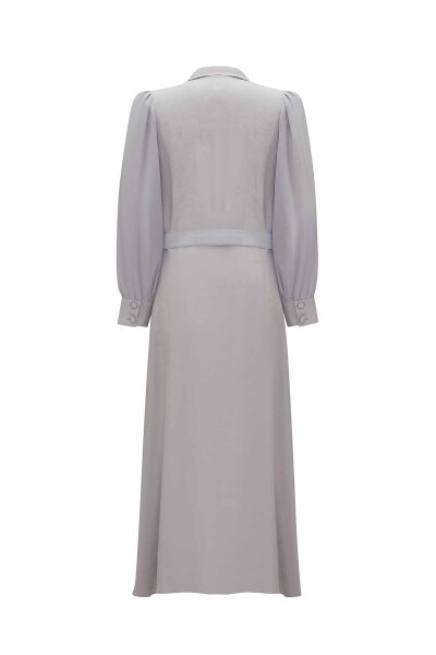 Kemerli Cupro Gömlek Yaka Gri Elbise - 2