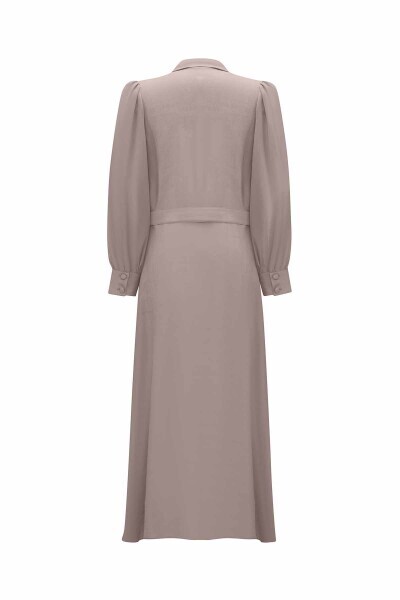 T25Y-4044 Kemerli Cupro Gömlek Yaka Elbise MİNK - 2