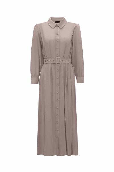 Kemerli Cupro Gömlek Yaka Vizon Elbise - 1