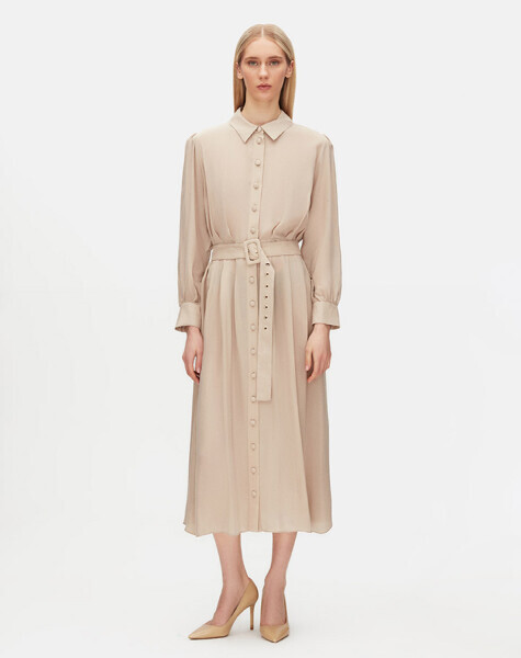 Belted Cupro Shirt Collar Dress 
