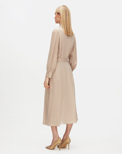 Kemerli Cupro Gömlek Yaka Taş Rengi Elbise - 2