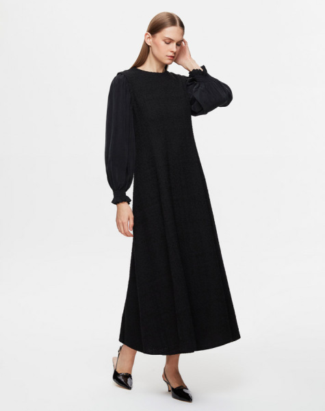 T25Y-4045 Balon Kollu Tüvit Kumaş Elbise BLACK - 1