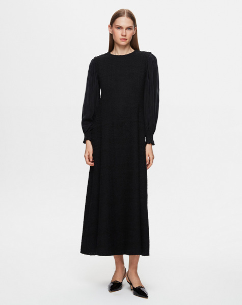 T25Y-4045 Balon Kollu Tüvit Kumaş Elbise BLACK - 2