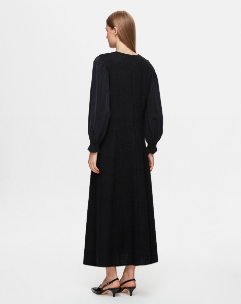 T25Y-4045 Balon Kollu Tüvit Kumaş Elbise BLACK - 3