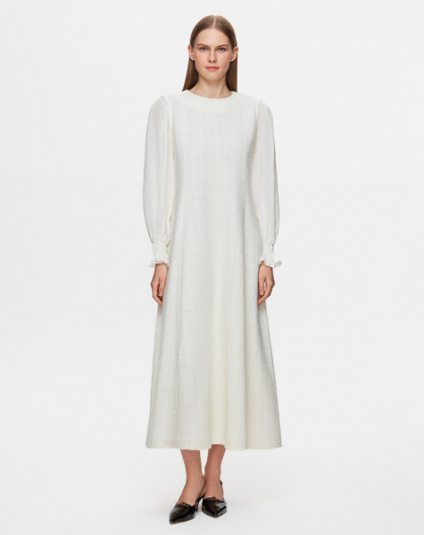 T25Y-4045 Balon Kollu Tüvit Kumaş Elbise BLACK - 4