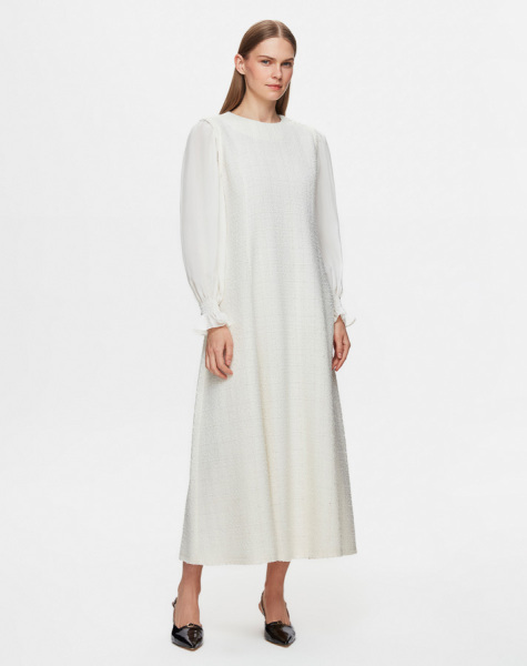 Balon Kollu Tüvit Kumaş Siyah Elbise - 5