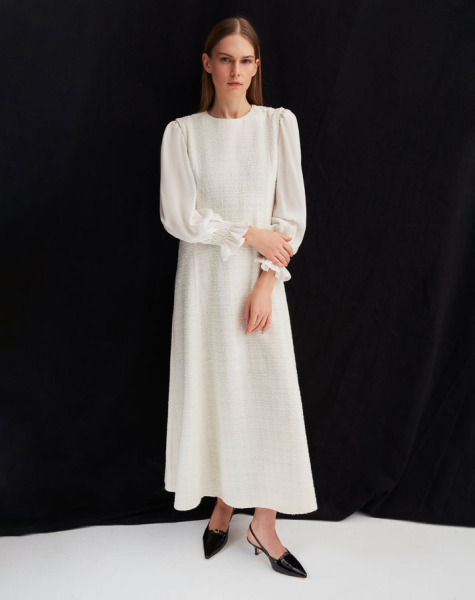 Balon Kollu Tüvit Kumaş Siyah Elbise - 7