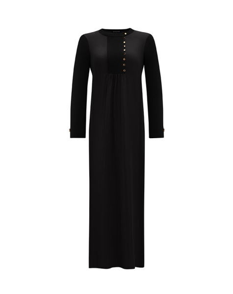 T25Y-4047 Yakası Düğme ve Nervür Detaylı Cupro Triko Elbise BLACK - 1