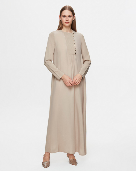 T25Y-4047 Yakası Düğme ve Nervür Detaylı Cupro Triko Elbise STONE - 3