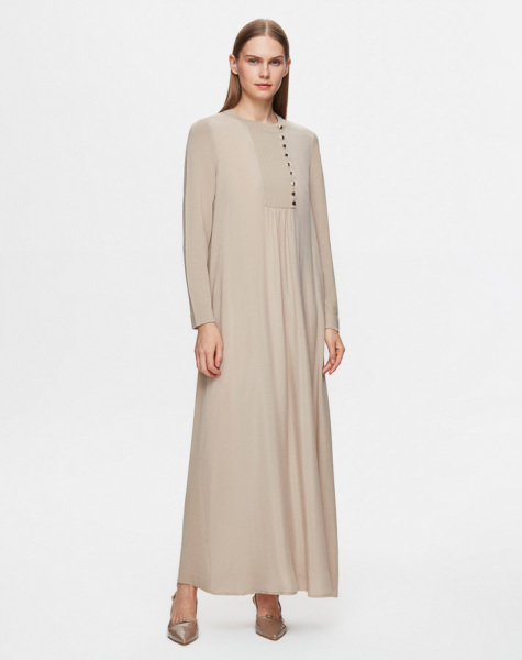 Yakası Düğme ve Nervür Detaylı Cupro Triko Taş Renk Elbise 