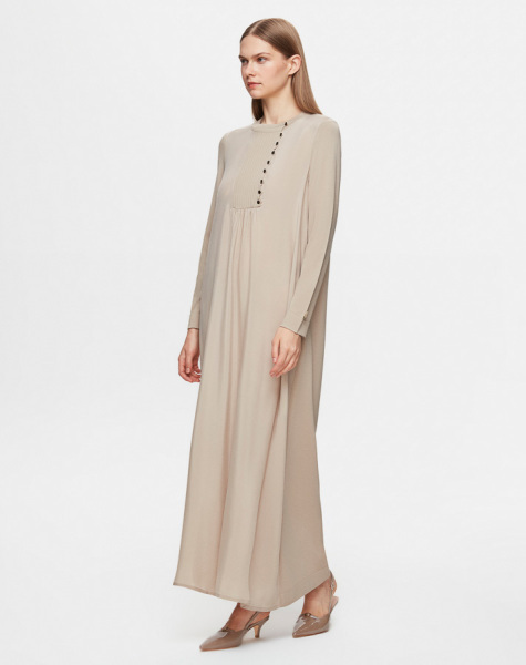Yakası Düğme ve Nervür Detaylı Cupro Triko Taş Renk Elbise - 2