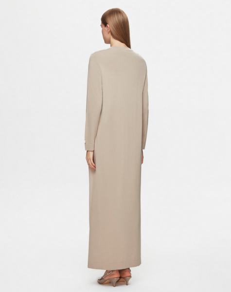 Yakası Düğme ve Nervür Detaylı Cupro Triko Taş Renk Elbise - 4