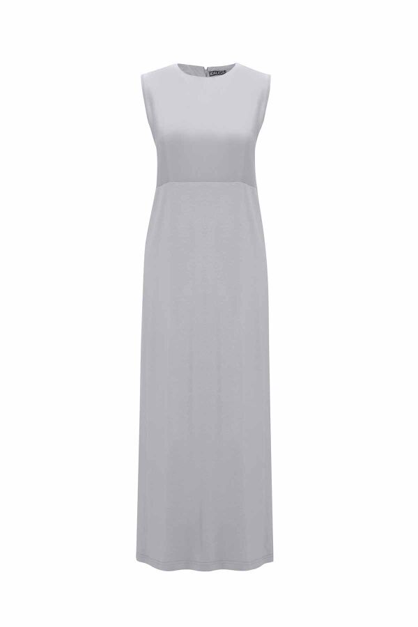 T25Y-4048 Keten Detaylı Dik Yaka Cupro Elbise GREY / ANTHRACITE - 4