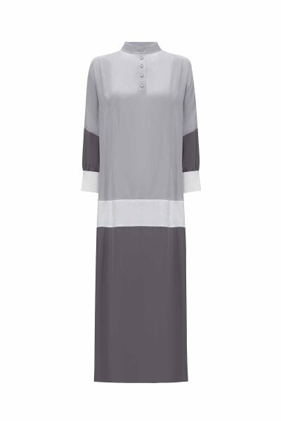 T25Y-4048 Keten Detaylı Dik Yaka Cupro Elbise GREY / ANTHRACITE - 1