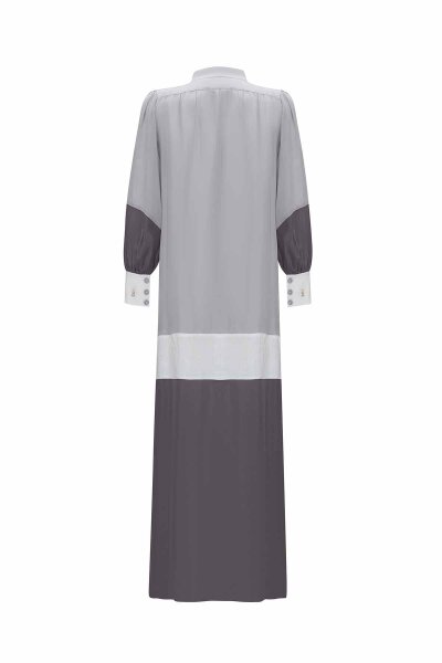 T25Y-4048 Keten Detaylı Dik Yaka Cupro Elbise GREY / ANTHRACITE - 5