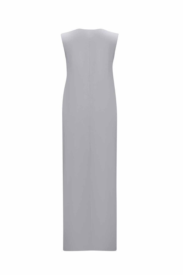 T25Y-4048 Keten Detaylı Dik Yaka Cupro Elbise GREY / ANTHRACITE - 3