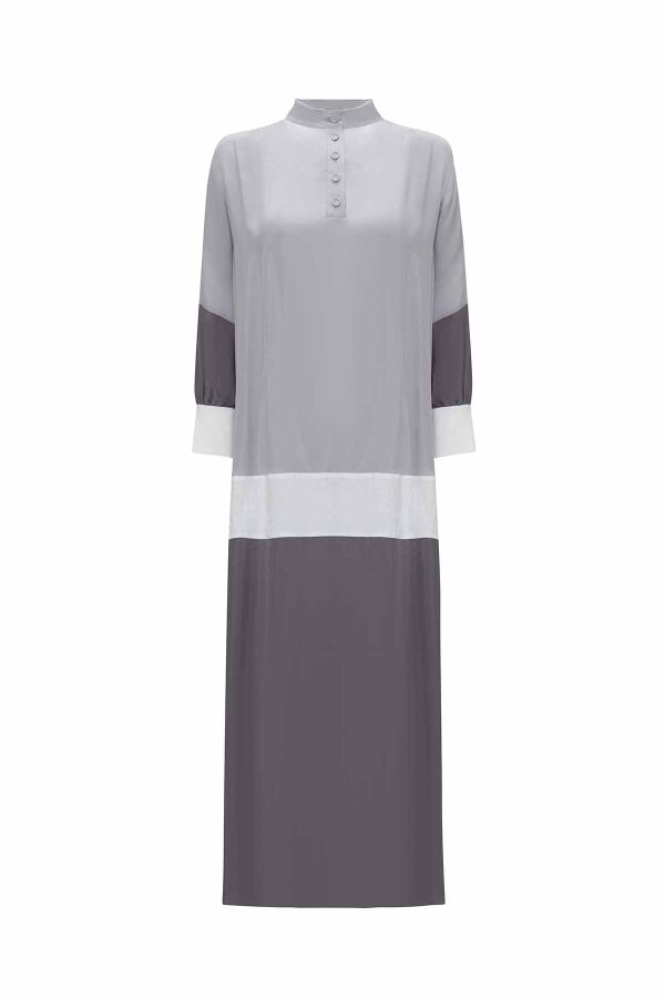 T25Y-4048 Keten Detaylı Dik Yaka Cupro Elbise GREY / ANTHRACITE - 1