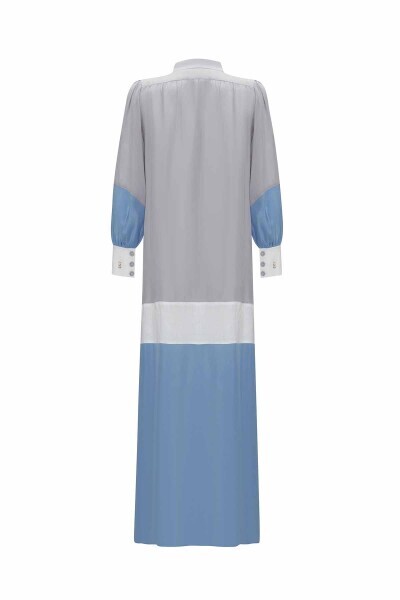 T25Y-4048 Keten Detaylı Dik Yaka Cupro Elbise GREY / BLUE - 3