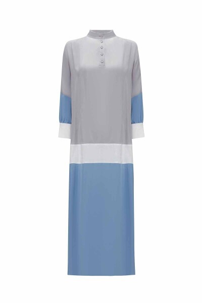 Keten Detaylı Dik Yaka Cupro Gri Mavi Elbise - 1